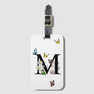 Letter M Floral Butterfly Monogram Initial Luggage Tag