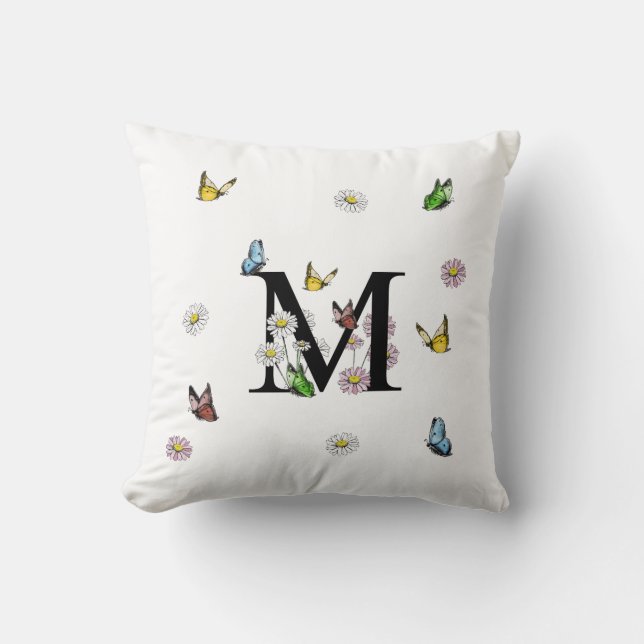 Letter M Floral Butterfly Monogram Initial  Throw Pillow (Front)