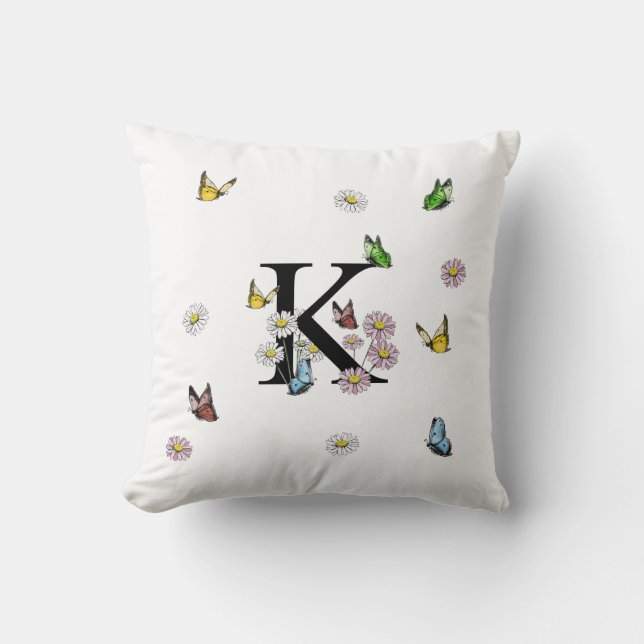 Letter M Floral Butterfly Monogram Initial  Throw  Pillow (Front)