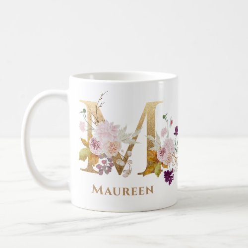 Letter m _ Gold Floral Name sister coworker friend Coffee Mug
