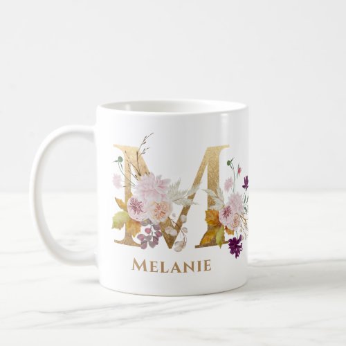 Letter M _ Gold Floral Name sister coworker friend Coffee Mug