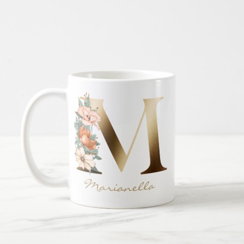 Letter M Gold Monogram Burnt Orange Florals Coffee Mug