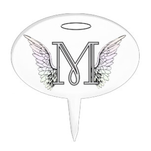 Letter M Initial Monogram with Angel Wings & Halo Cake Topper
