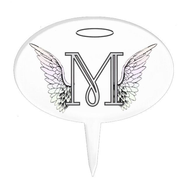 Letter M Initial Monogram with Angel Wings & Halo Cake Topper (Front)