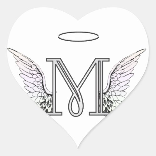 Letter M Initial Monogram with Angel Wings  Halo Heart Sticker