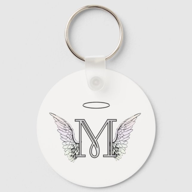 Letter M Initial Monogram with Angel Wings & Halo Keychain (Front)