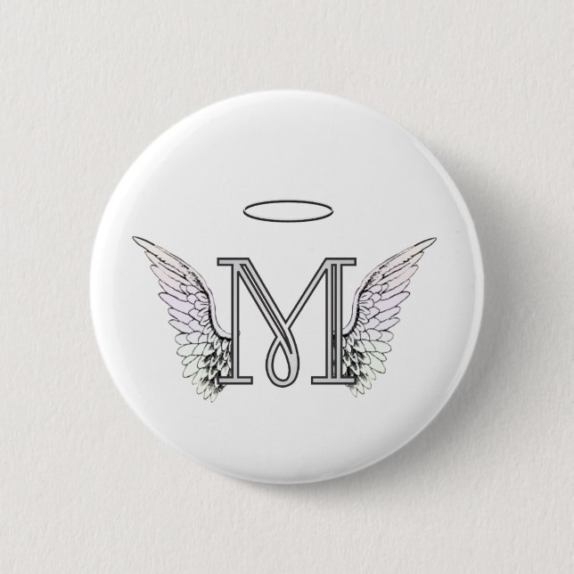 Letter M Initial Monogram with Angel Wings & Halo Pinback Button (Front)