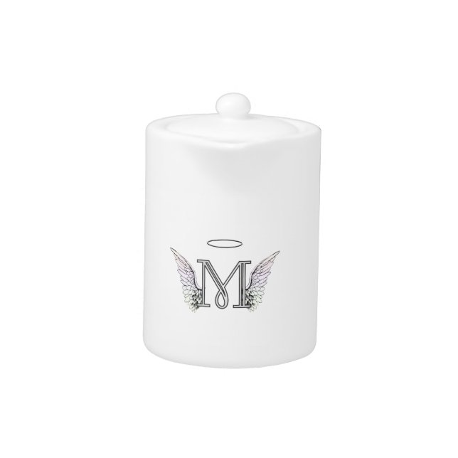 Letter M Initial Monogram with Angel Wings & Halo Teapot (Front)