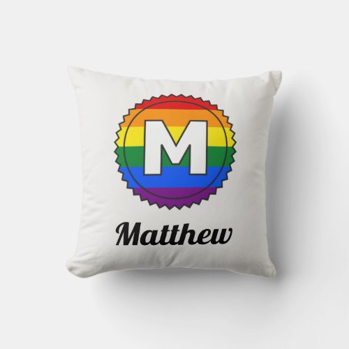 Letter M Initial  Name Gay Pride Rainbow Monogram Throw Pillow
