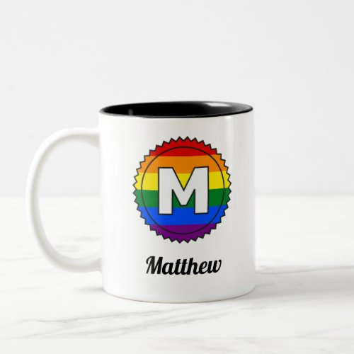 Letter M Initial  Name Gay Pride Rainbow Monogram Two_Tone Coffee Mug