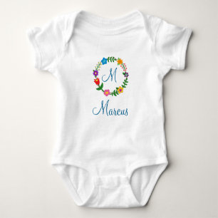 Letter M, Marcus, Frame Flowers Baby Bodysuit