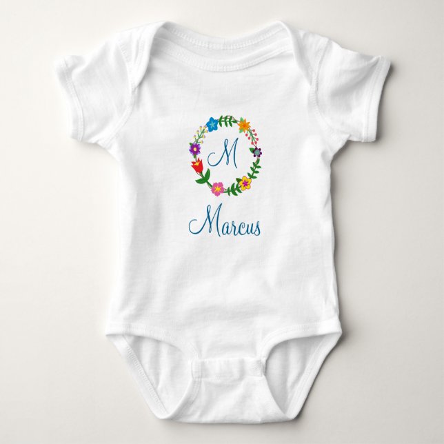 Letter M, Marcus, Frame Flowers Baby Bodysuit (Front)