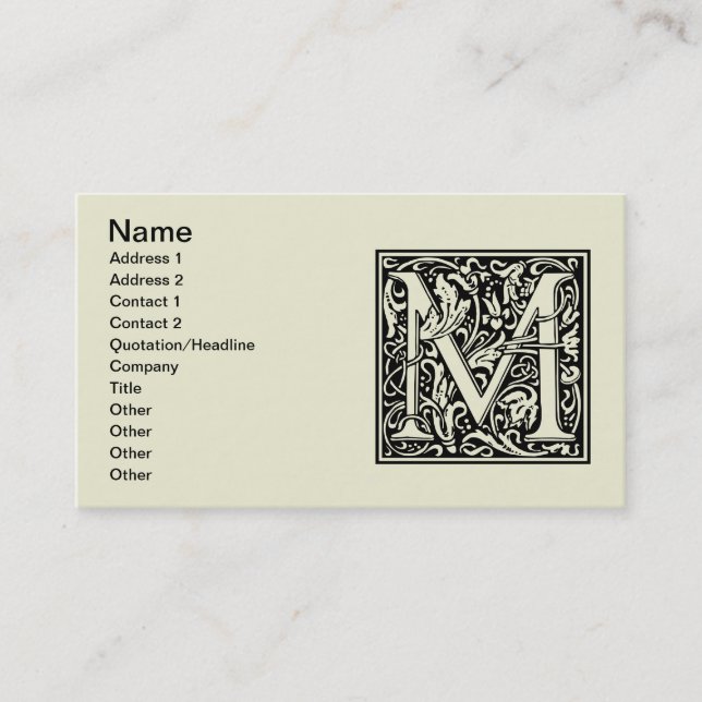 Letter M Medieval Monogram Art Nouveau Business Card (Front)