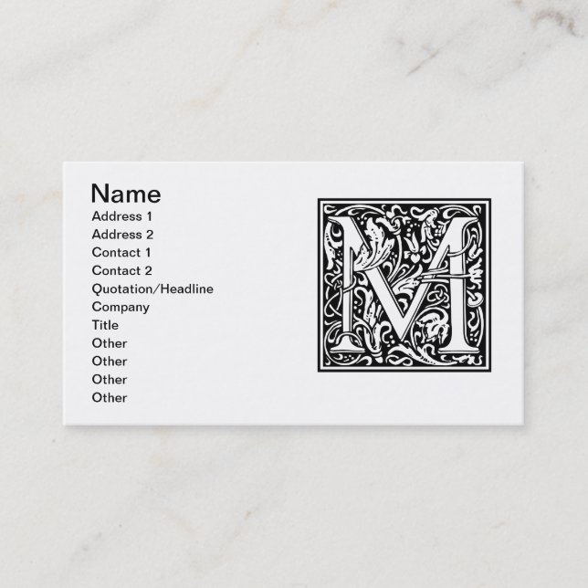 Letter M Medieval Monogram Art Nouveau Business Card (Front)