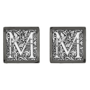 Letter M Medieval Monogram Art Nouveau Gunmetal Finish Cufflinks
