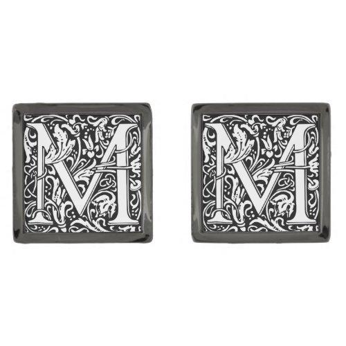 Letter M Medieval Monogram Art Nouveau Gunmetal Finish Cufflinks