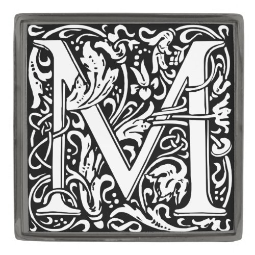 Letter M Medieval Monogram Art Nouveau Gunmetal Finish Lapel Pin