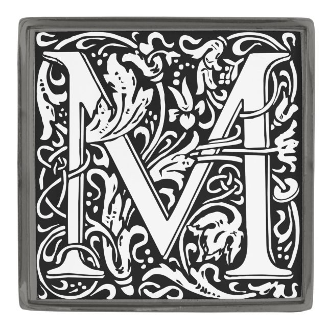 Letter M Medieval Monogram Art Nouveau Gunmetal Finish Lapel Pin (Front)