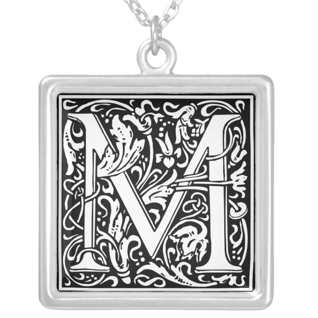 Letter M Medieval Monogram Art Nouveau Silver Plated Necklace (Front)