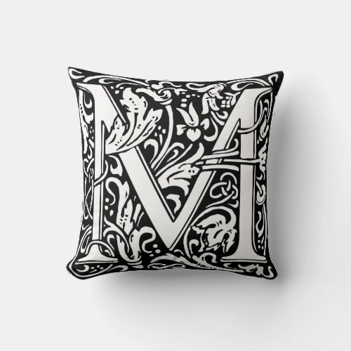 Letter M Medieval Monogram Art Nouveau Throw Pillow