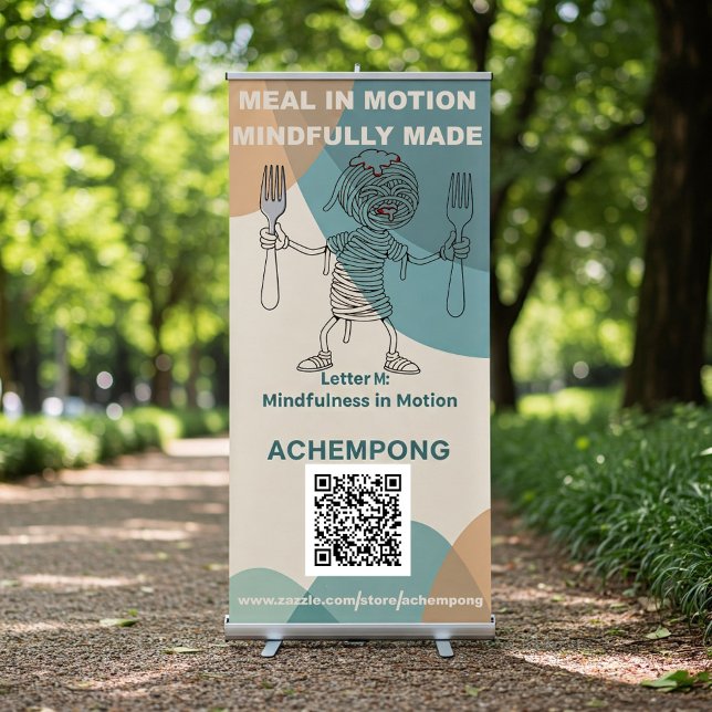 Letter M: Mindfulness in Motion – ACHEMPONG Retractable Banner (Achempong M: mindfulness Spaghetti Fork Spoon Figure! Quirky food art. #PastaArt #FoodieGift )