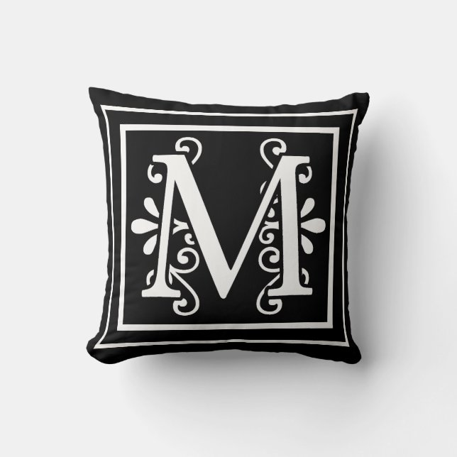 Letter M Monogram Black Throw Pillow (Front)