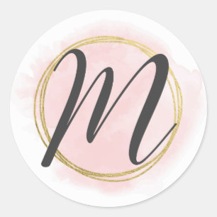 Letter M Monogram Blush Pink Watercolor Gold Chic Classic Round Sticker