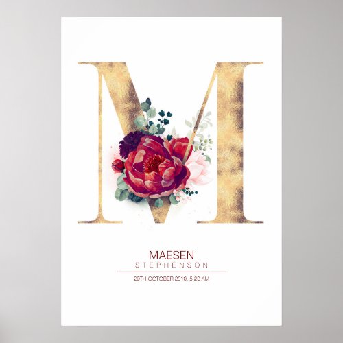 Letter M Monogram Floral Burgundy Red and Gold Poster