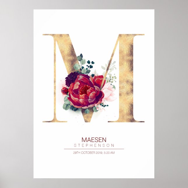 Letter M Monogram Floral Burgundy Red and Gold Poster (Front)