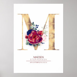 Letter M Monogram Floral Navy Blue and Burgundy Poster