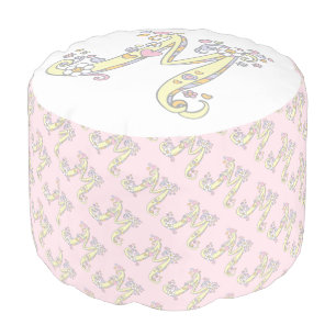 Letter M monogram initial hearts pink white pouf