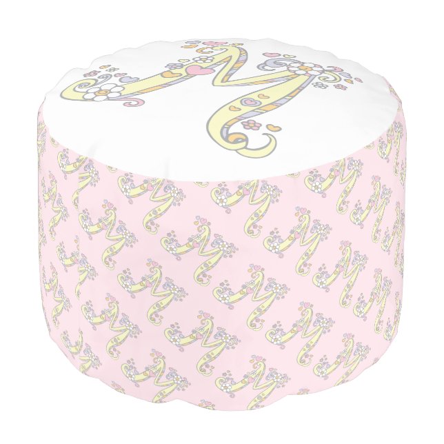 Letter M monogram initial hearts pink white pouf (Angled Back)