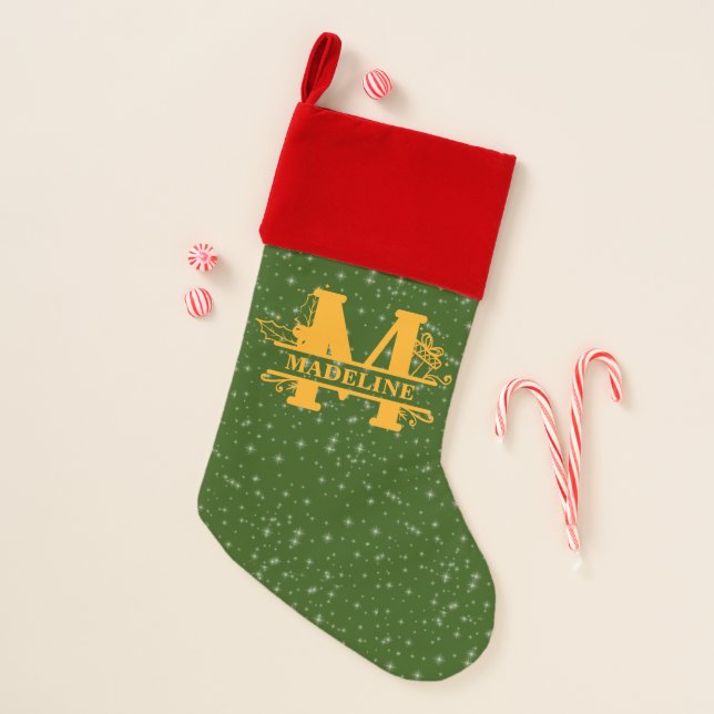 Letter M Monogram Initial Name Gold on Green Christmas Stocking (Front)