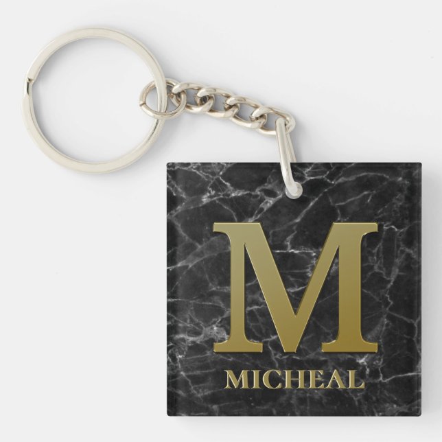 Letter M monogram on black marble Keychain (Front)
