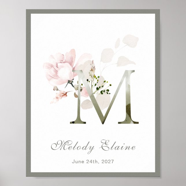 Letter M Monogram Pink White Floral Nursery Poster (Front)