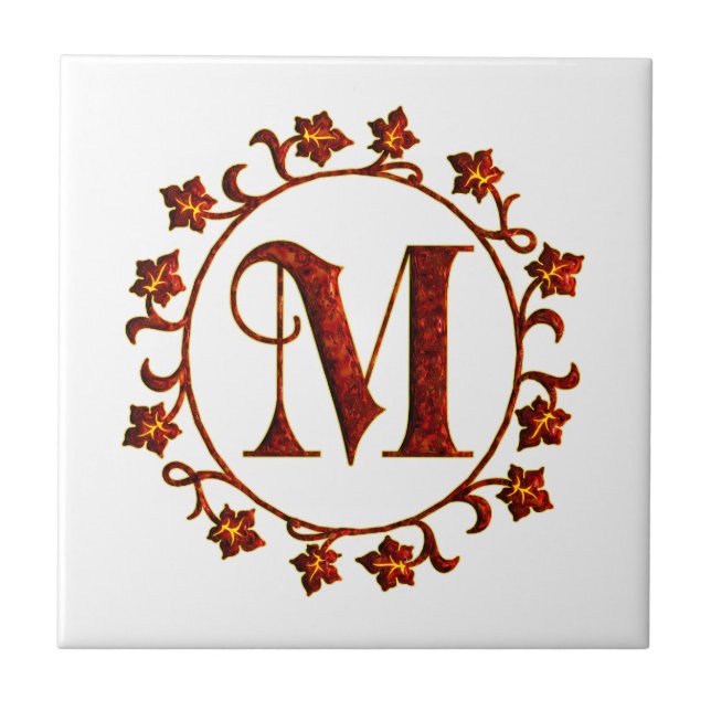 Letter M Monogram Red Leaves Ceramic Tile (Front)