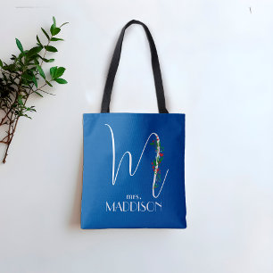 Letter M monogram red watercolor teacher blue Tote Bag