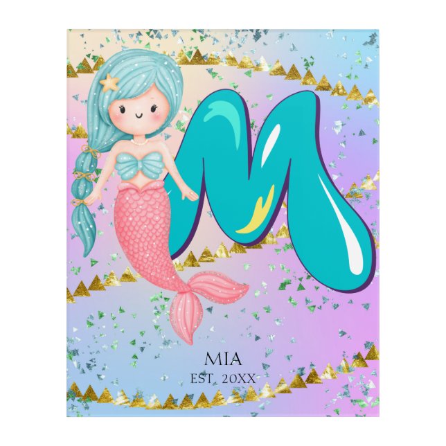 Letter M Monogram Watercolor Cute Mermaid Nursery Acrylic Print (Front)