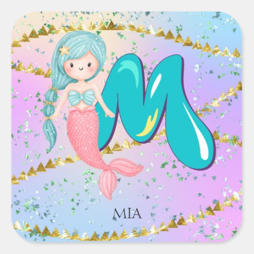 Letter M Monogram Watercolor Cute Mermaid Nursery Square Sticker