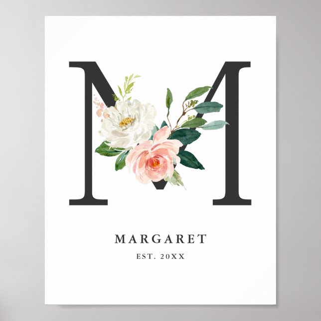 Letter M Monogram Watercolor Peach Florals Nursery Poster (Front)