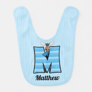 Letter M Monogrammed Blue Knit Moose Baby Bib