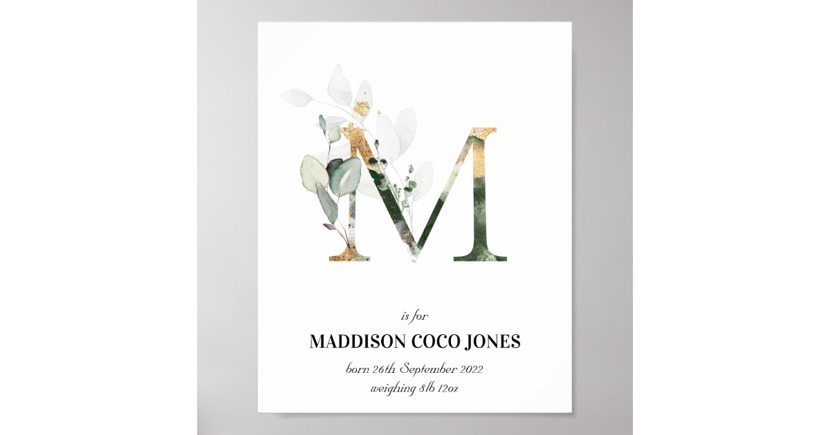 Letter M New Baby Monogram Birth Print Greenery | Zazzle