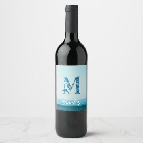 Letter M Ocean Pattern  Wine Label