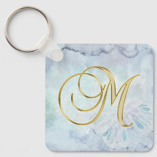 Letter M on Blue Butterfly Texture Background  Keychain
