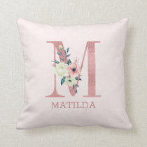 Letter M Pink Watercolor Floral Monogram Nursery Throw Pillow