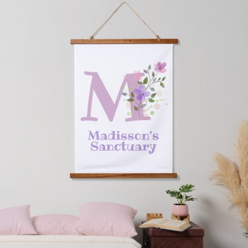 Letter M plus First Name with a Floral Design Hanging Tapestry