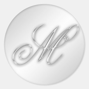 Letter M script initial faux silver monogram favor Classic Round Sticker