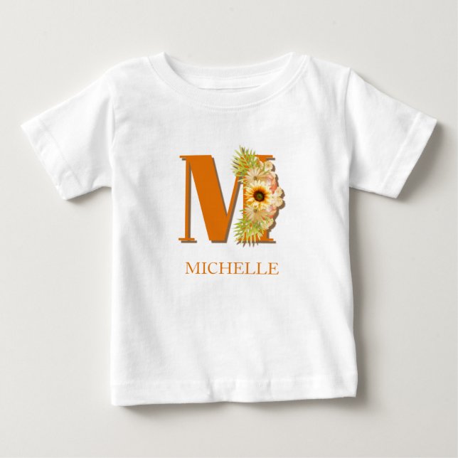 Letter M Sunflower Floral Monogram with Name Baby T-Shirt (Front)