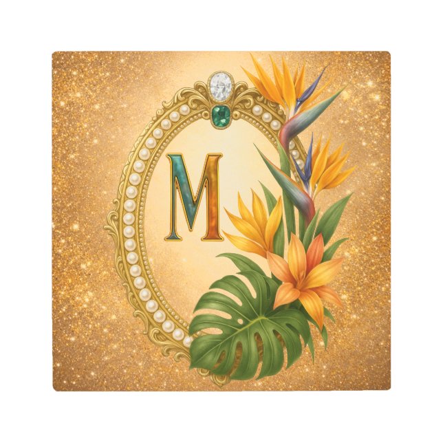 Letter M Tropical Monogram Gold Metal Wall Art (Front)