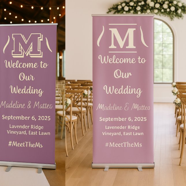  Letter M — Wedding Welcome Signage Large Vertical Retractable Banner ("Side-by-side wedding retractable banner : romantic lighting vs. floral-centered full display.")